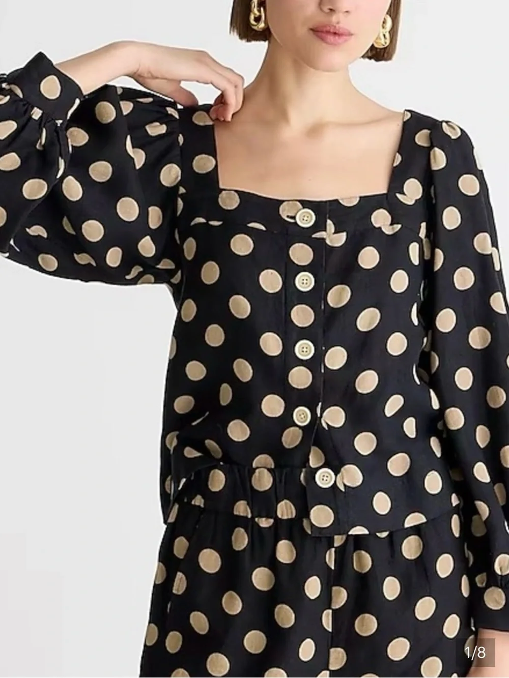 NWT J.Crew Linen Squareneck Button-Up Top Dot Print Black Tan Small BY699